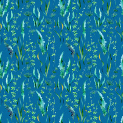Fototapeta na wymiar Watercolor underwater seamless pattern. Seaweed on a blue background.