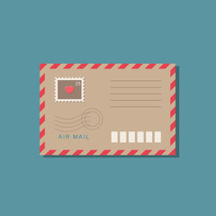 Beige craft paper envelope with frame of red stripes. Postage stamp, postmark with red heart on brown background. With shadow, isolated on dark blue background. Vector illustration, trendy style.