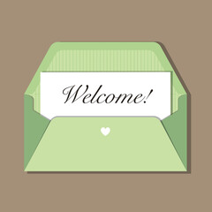 Green long opened envelope with white heart and handwritten letter with message Welcome inside. With shadow, isolated on brown background. Vector illustration, trendy style, cozy pastel colours
