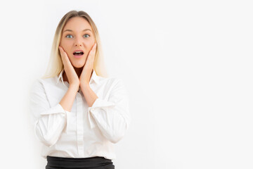 Beautiful surprised business woman with white background.