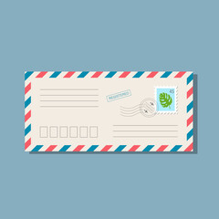 Beige long envelope with frame of blue and red stripes. Postmarks and postage stamp with monstera leaf. With shadow, isolated on blue background. Vector illustration, trendy style, cozy pastel colours