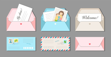 Set of six long envelopes with postmarks and postage stamps. Messages My dear.., Welcome, family photo card with letter inside. Cozy pastel colours. Isolated on grey background. Vector illustration