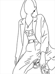 Fashionable stylish girl-model. Linear art. Vector illustration.