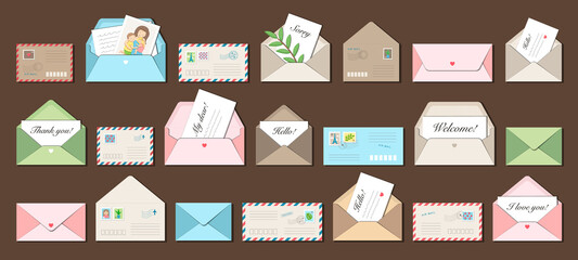 Big set of 21 vector envelopes with postmarks and postage stamps. Messages Thank you, I love you, Hello, Sorry, Welcome, My dear... Trendy style, cozy pastel colours. Isolated on brown background
