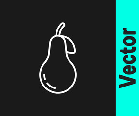 White line Pear icon isolated on black background. Fruit with leaf symbol. Vector
