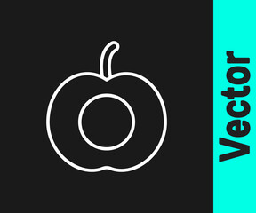 White line Peach fruit or nectarine with leaf icon isolated on black background. Vector