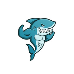 Shark Gym Mascot Logo - Fish animal aggressive predator attach teeth sport fitness muscular exercise 