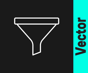 White line Funnel or filter icon isolated on black background. Vector