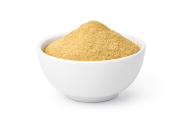 Finely dry Ginger powder in white bowl isolated on white background. Clipping path