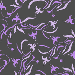 Modern purple irises seamless flower pattern. grey background. Hand-drawn illustration of flowers with leaves on a solid colour. Fabric, web, app, stationery design asset.