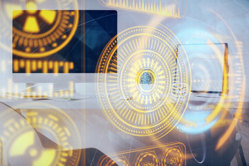 Double exposure of tech theme drawings and office interior background. Technology concept.