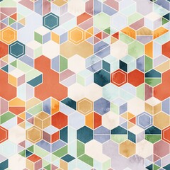 Seamless pattern of hexagons in random colors in watercolor. High quality illustration. Tile mosaic arrangement of triangles, trapezoids, and hexagons, in honeycomb arrangement. Design for print.
