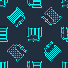 Green line Fire hose reel icon isolated seamless pattern on blue background. Vector