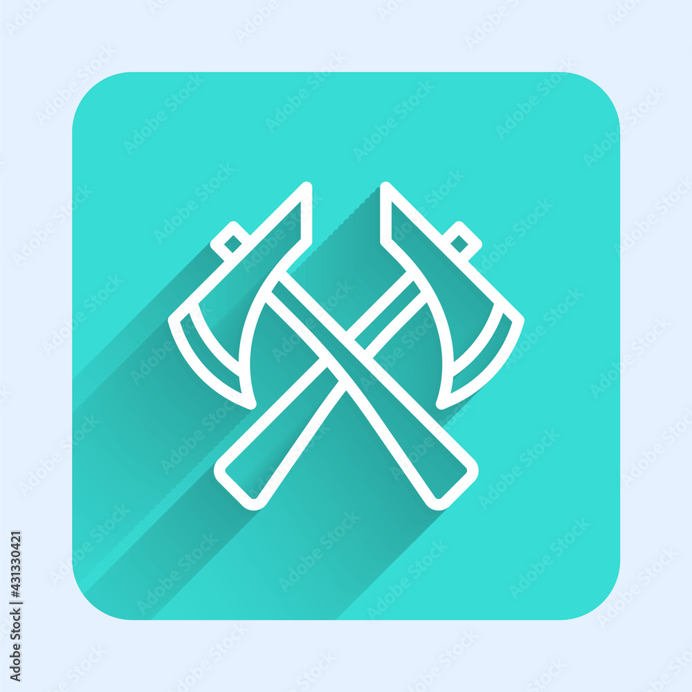 Aufkleber white line firefighter axe icon isolated with long shadow. fire axe. green square button. vector