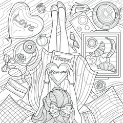 Girl in a dress on the bed.Coloring book antistress for children and adults. Illustration isolated on white background.Zen-tangle style. Hand draw