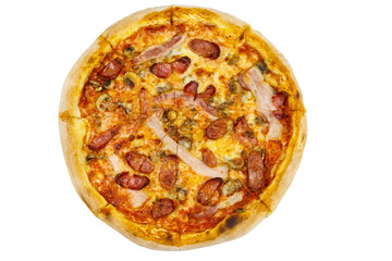 Delicious fresh pizza with sausage, mushrooms and cheese isolated on white background