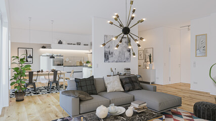 modern luxury european apartment loft with scandinavian furniture design - obrazy, fototapety, plakaty