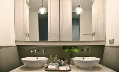 bathroom interior design whit white basin and bath amenities