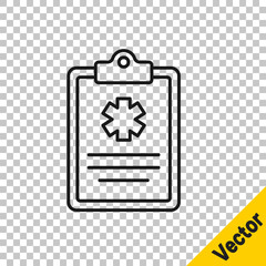 Black line Medical clipboard with clinical record icon isolated on transparent background. Health insurance form. Prescription, medical check marks report. Vector
