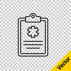 Black line Medical clipboard with clinical record icon isolated on transparent background. Health insurance form. Prescription, medical check marks report. Vector