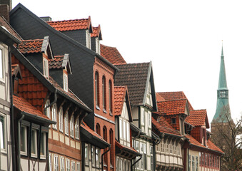 Obraz premium famous historic half-timbered houses in hildesheim, germany, street view