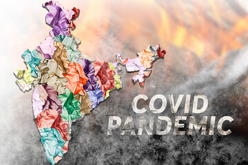 Concept of India lockdown due to coronavirus crisis covid-19 disease. Silhouettes of people on the background of the map of india. Problems of the common man. Covid mortality rates in India. 3D image.