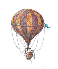 Watercolor illustration of a steampunk hot air balloon. Fantastic striped airplane. Fantasy © Tana Svoboda