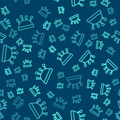 Green line Needle bed and needles icon isolated seamless pattern on blue background. Handmade and sewing theme. Vector