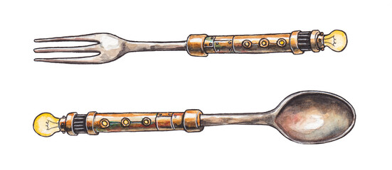 Watercolor illustration of metal cutlery fork and spoon on white background