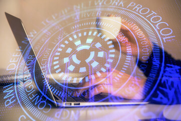 Multi exposure of woman hands working on computer and data theme hologram drawing. Tech concept.