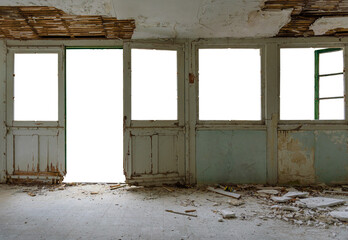 Isolated abandoned house interior. Gallery with door and window frames, broken glass and fallen plaster, cut out view outside 