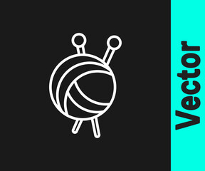 White line Yarn ball with knitting needles icon isolated on black background. Label for hand made, knitting or tailor shop. Vector
