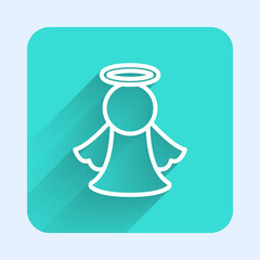 Obraz premium White line Angel icon isolated with long shadow. Green square button. Vector