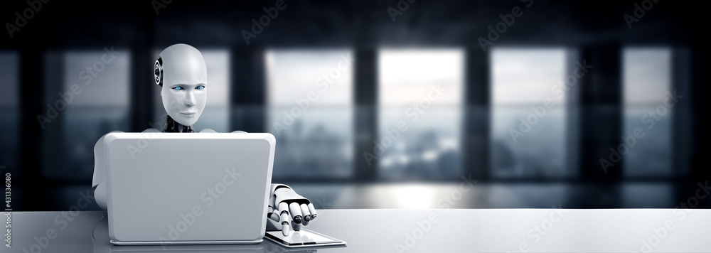 Aufkleber robot humanoid use laptop and sit at table in future office while using ai thinking brain , artifici