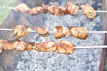 Grilled shish kebab on the grill with meat and coals