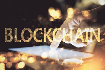 Double exposure of man's hands holding and using a phone and crypto currency blockchain theme...
