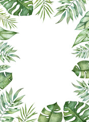Frame for greeting card with watercolor tropical leaves