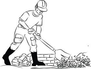 Builders Characters, a Construction worker with PPE Digging Soil with Shovel or spade. Road Repair Building Construction Site. Doodle style line art.