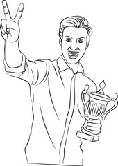 A man holding a trophy after victory and showing Victory Hand or peace sign using his fingers as a doodle style illustrator