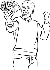 Young happy businessman showing cash, money and showing success. Person holding currency notes. Male character design illustration. Human emotions and expressions concept in vector cartoon style.