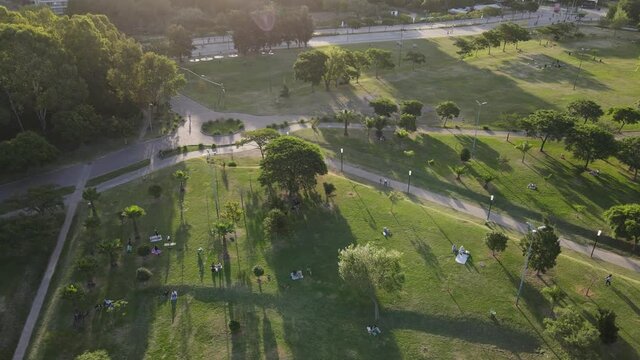 Aerial panorama of beautiful green park at sunset.