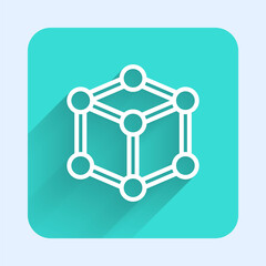 White line Molecule icon isolated with long shadow. Structure of molecules in chemistry, science teachers innovative educational poster. Green square button. Vector