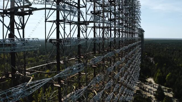 Aerial Drone view of Duga horizon radar system in Chernobyl. Woodpecker Duga 2 drone flight in the exclusion zone of Chernobyl.
