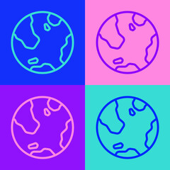 Pop art line Earth globe icon isolated on color background. World or Earth sign. Global internet symbol. Geometric shapes. Vector