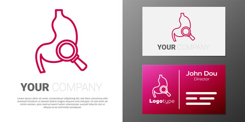 Logotype line Human stomach with magnifying glass icon isolated on white background. Logo design template element. Vector