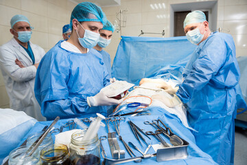 Breast augmentation under the guidance surgeons team in surgical operating room.