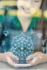 Polygonal brain shape of an artificial intelligence with various icon of smart city Internet of Things Technology over Asian businesswoman hand using the smart mobile phone,AI and business IOT concept - 431338281