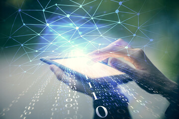 Double exposure of technology sketch hologram and woman holding and using a mobile device. Ai concept