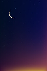 Fototapeta na wymiar Ramadan Sky for Islamic greeting card design background with Crescent Moon and star on colourful sunset sky background, Vector religions symbolic of Islamic or Muslim for Ramadan Kareem, Eid Mubarak
