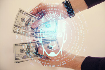 Multi exposure of brain drawing hologram and us dollars bills and man hands. Ai invest concept